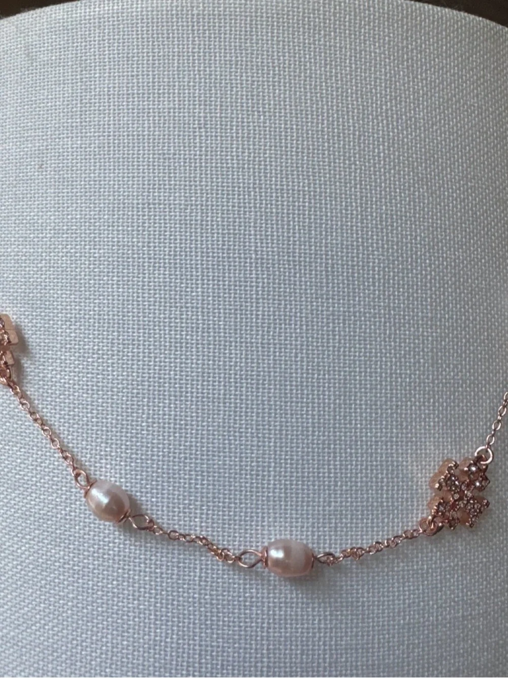 Tory Burch Rose Gold Pearl Station Necklace with Rhinestone Logos